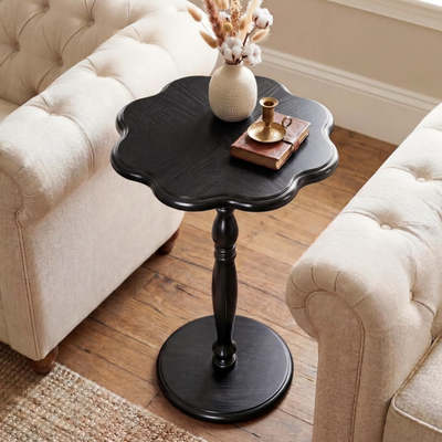 Round Side Table,Drink Table for Small Spaces,Mid-Century Modern Accent Nightstand w/Solid Wood Leg,Sofa Pedestal Table w/Classic Sculpted Design for Living Room,Tool-Free Assembly - 11.8" x 11.8" x 22"/Black